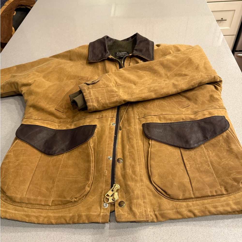 Filson Men’s Burlington Jacket Beige Waxed Cotton Mid Length Coat